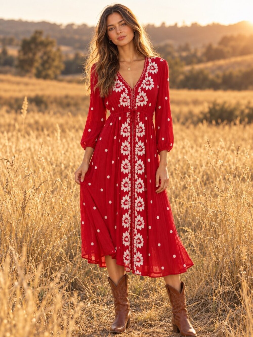 Free People Embroidered Fable Midi Dress Womens S Red Boho Floral Western